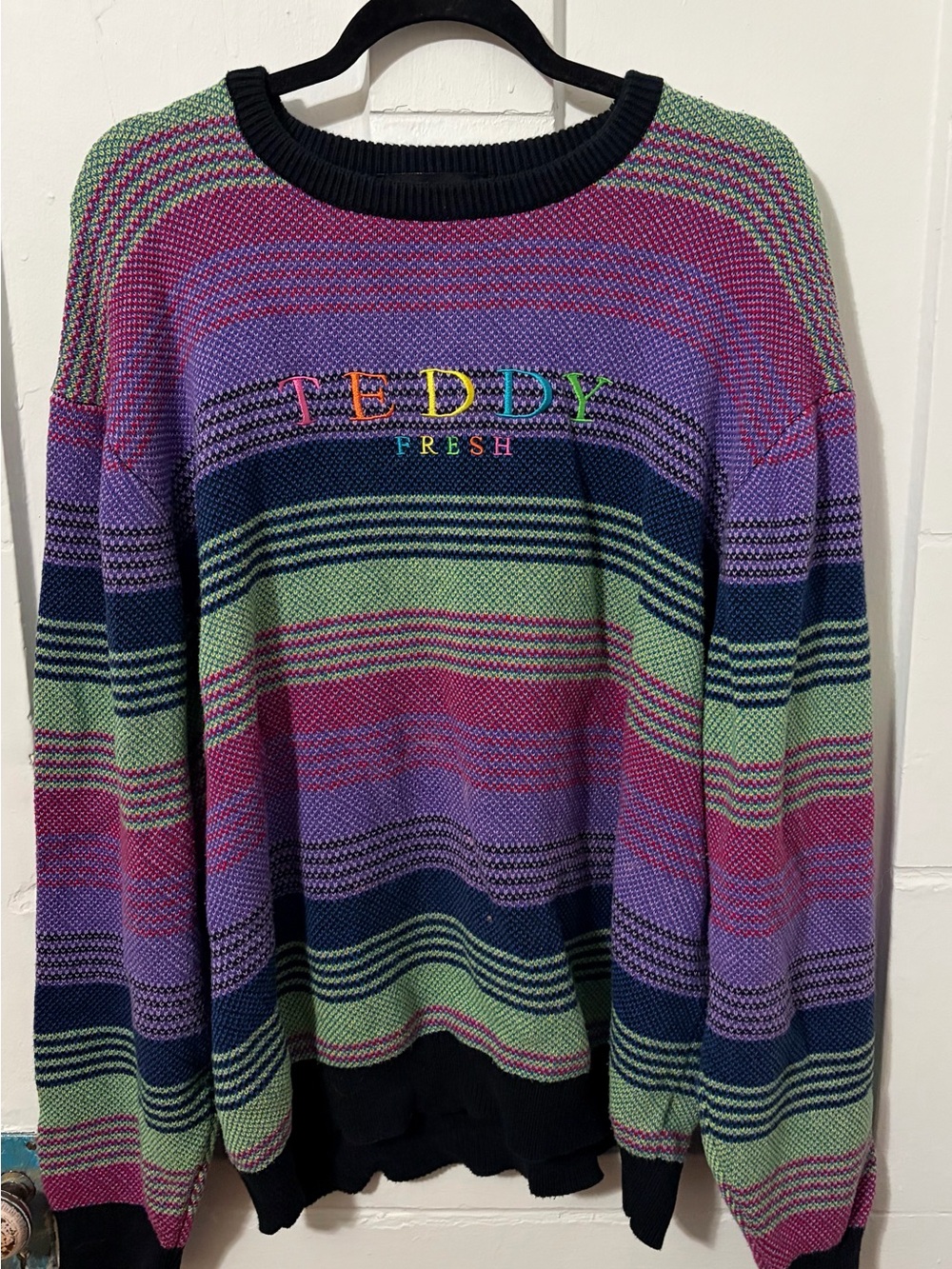 Teddy Fresh Multicolor Striped Crewneck Sweater — Purple, Green, Pink, Navy
